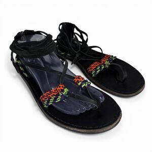 Free People Womens Gladiator Sandals Black Leather Lace Up Boho Sz 10 Rope